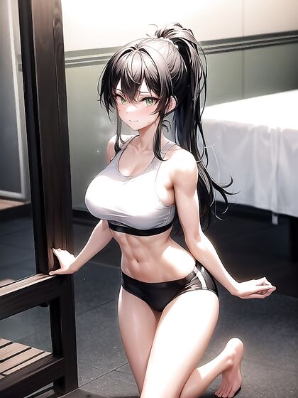 Gym Session with Seductive Green-Eyed Beauty Staring Intensely at You in hentai