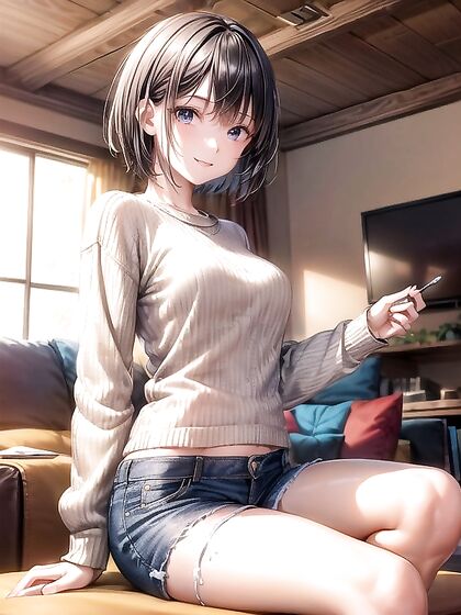 Ultra-Detailed Sweater Clad Girl 18+ with Very Short Hair in Erotic Hentai AI Image