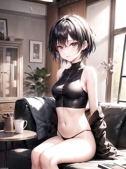Short-Haired Babe in Thong Takes It Hot and Steamy in the Living Room Hentai