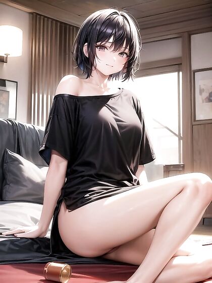 Sexy Thong Action in the Living Room with Oversized T-Shirt Hentai Fun