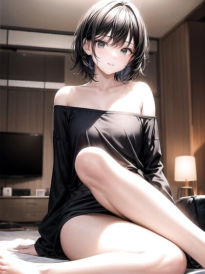 Cute Girl 18+ in Oversized T-Shirt and Shorts Enjoying Steamy Hentai AI Image