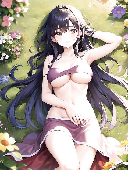 Vibrant-Haired Beauty Shows Off Her Underboob in an Open Green Field Hentai AI Image