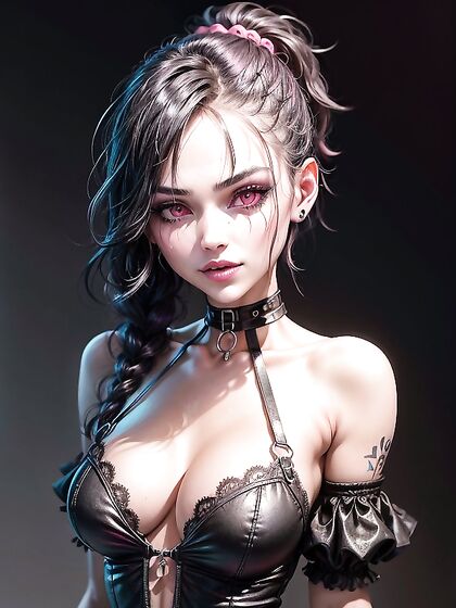 Goth Girl 18+ with Pink Eyes and Black Choker Teasing in Messy Emo Hairstyle for Crazy Hentai Fun