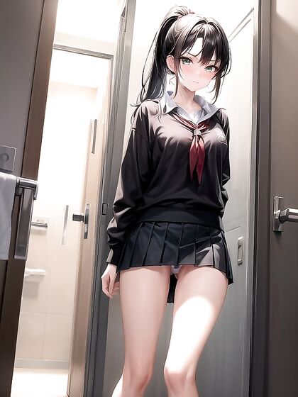 Blushingly Mischievous Girl 18+ Lifts Her Skirt in Seductive Green-Eyed Hentai AI Image