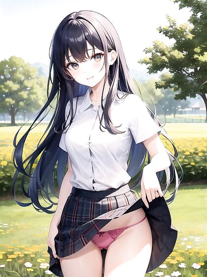 Cheerful Girl 18+ with Bright Eyes and Vibrant Hair Exploring Pleasure in an Open Green Field Hentai