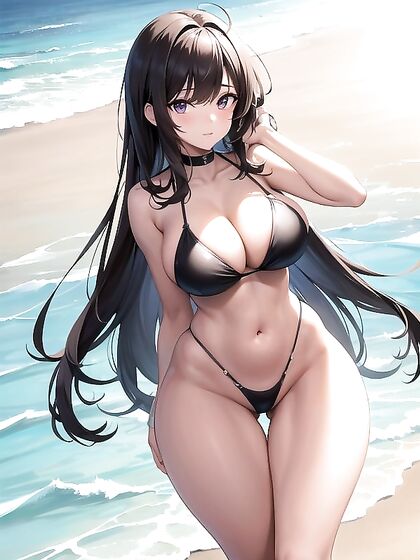 Playful Thong Bikini Fun in Shallow Waves at Sunset Over the Ocean Hentai