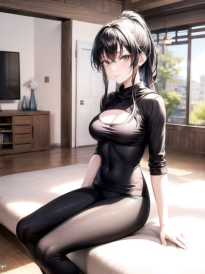 Blushingly Mischievous Black-Haired Cutie with Bare Feet in Seductive Hentai AI Image