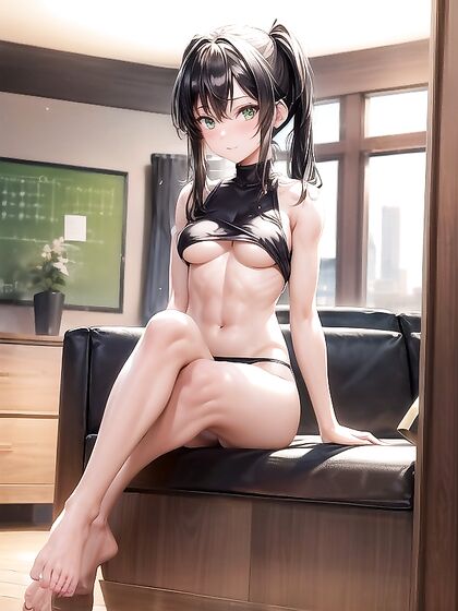 Green-Eyed Beauty Stares Intensely at You While Seductively Sitting Down