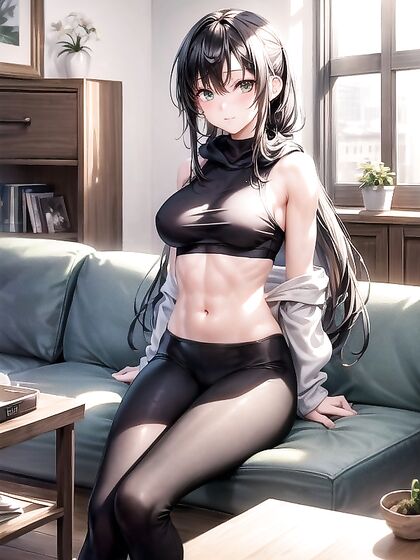 Mischievously Blushing in Leggings - Seductive Sitting Image in Hentai AI Porn