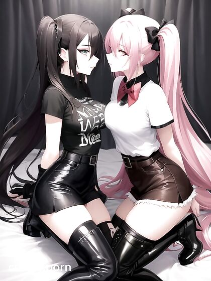 GothGirl 18+s with Pigtails and Bows Kissing in Thigh-High Boots on the Bed