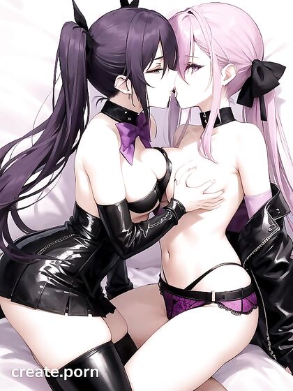 Goth Girl 18+s with Pink and Purple Pigtails Making Out Topless in Leather Boots on the Bed