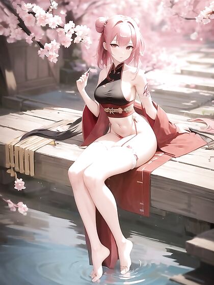 Cherry Blossom Hanfu with Floral Tattoos - Full Body Hentai Seduction