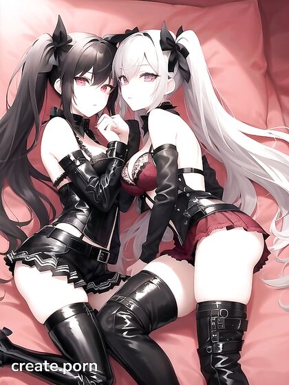 Goth Lesbians in Thigh-High Boots and Pigtails Kneel on Bed for Intense Hentai AI Image