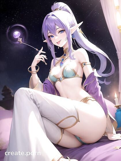 Astral Elf with Blue-Purple Hair Teases in Harem Pants and Genie’s Lamp Covered in Cum