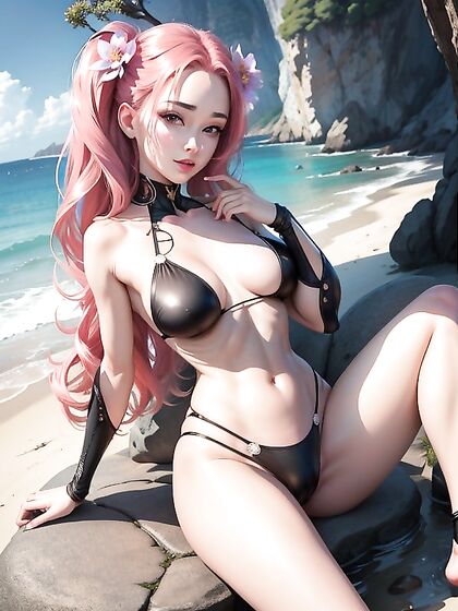 Sensational Tall Babe Seduces on Rocky Beach in Hot Hentai AI Image