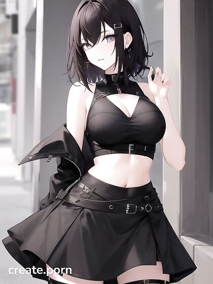 Goth Girl 18+ in Short Dress and Low-V-Cut Crop Top Tempts in hentHentai AI Imageia