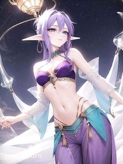 Astral Elf with Blue-Purple Hair Wears Harem Pants and Tiny 18+ Top in Watery Genie’s Lamp Hentai