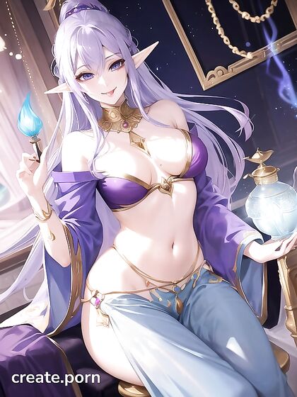 Astral Elf with Blue-Purple Hair in Harem Pants Teases with Tongue Out Over cum-Covered