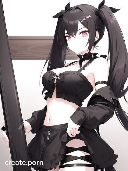 Goth Girl 18+ in Short Dress with Low-V Cut Top and Twin-Tail Bows Seduces in Hentai AI Image