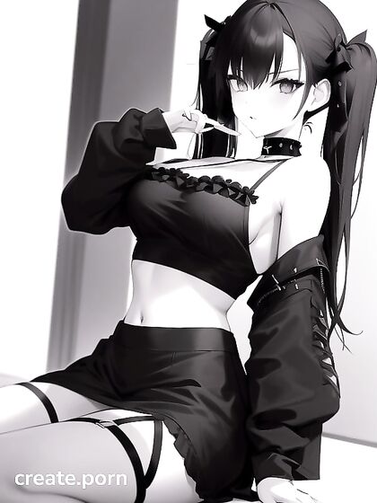 Goth Girl 18+ in Short Dress with Twin-Tails Kneels for Camera in Top-Down Hentai AI Image