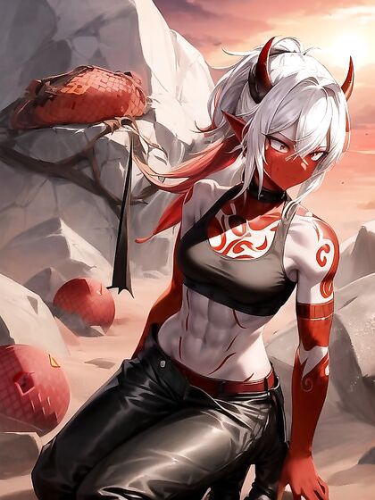 Slim yet Fit Oni Demoness in Black Sport Bra Stands Amidst Ashen Dunes at Sunset
