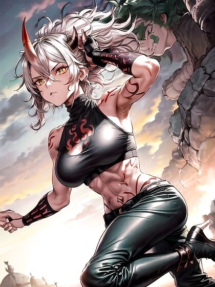 SlimFit Babe with Soft Red Skin and Black Rune Tattoos inSPORTY Hentai AI Image