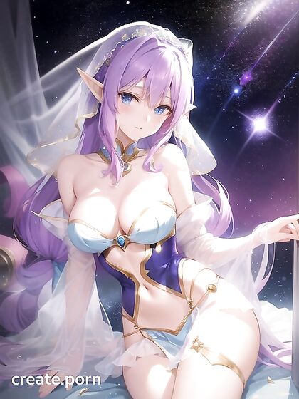 Astral Elf with Purple Twins-Tails Wears Galaxy Outfit and Genie Lantern for Surreal Hentai Pleasure
