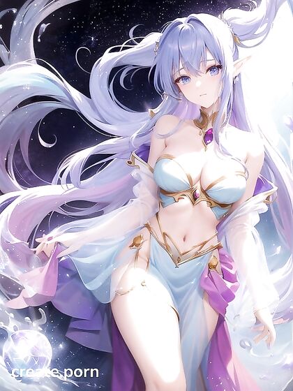Astral Elf with Purple Twins-Tails Wears Galaxy-Themed Outfit for Seductive Genie Lamp Hentai AI Image