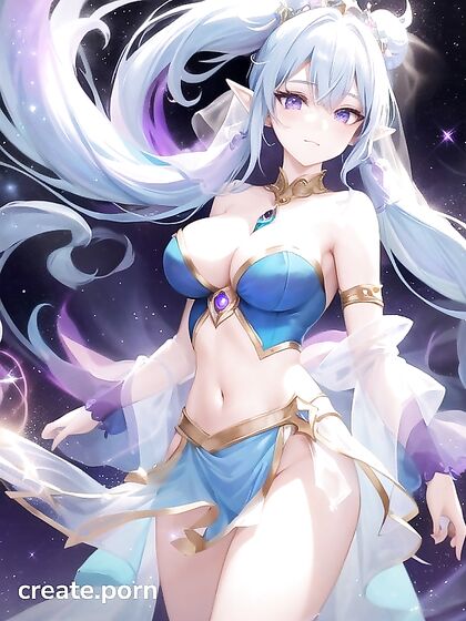 Astral Elf with Purple Twin-Tails Wears Galaxy-Themed Outfit for Seductive Genie Lamp Hentai AI Image