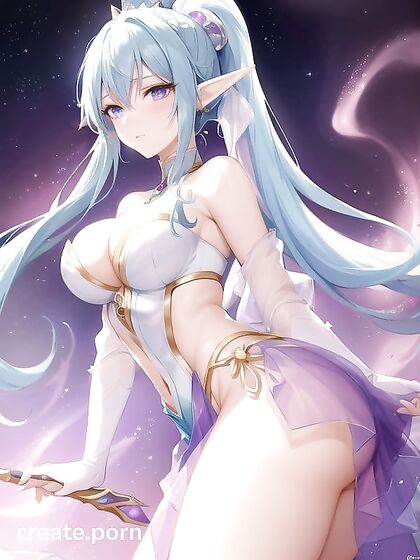 Astral Elf with Purple Twintails Wears Galaxy Theme Outfit in Genie Lamp Hentai AI Image