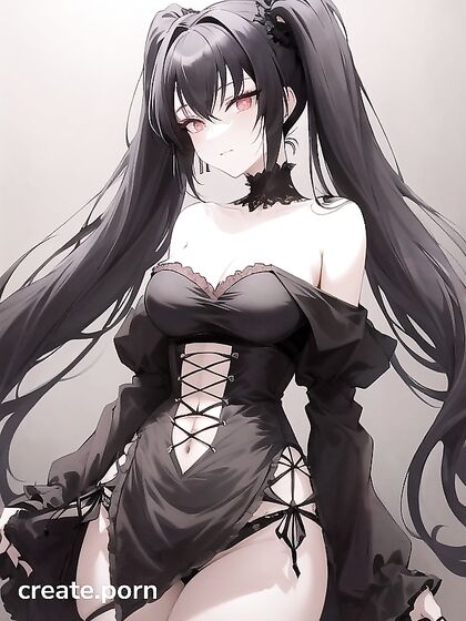 Goth Girl 18+ with Twin-Tails Wears Sheer Black Lace Outfit in Desert Hentai AI Image
