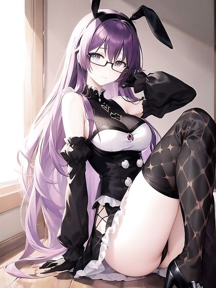 K with Round Glasses and Purple Hair Takes Pleasure in Seductive Hentai AI Image