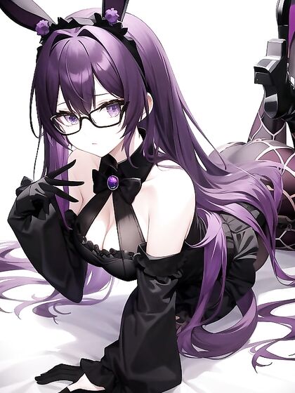 Purple-Haired Babe in Round Glasses and Frilly Outfit Takes On Steamy Hentai AI Image