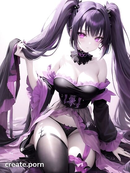 Goth Girl 18+ with Twin-Tails and Crystal Horns in Sheer Bandeau and Black Lace Panties