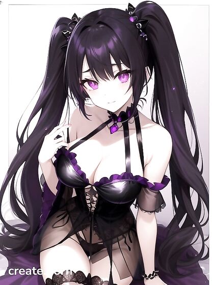 Goth Girl 18+ with Twin-Tails and Crystal Horns in Sheer Bandeau and Black Lace Panties