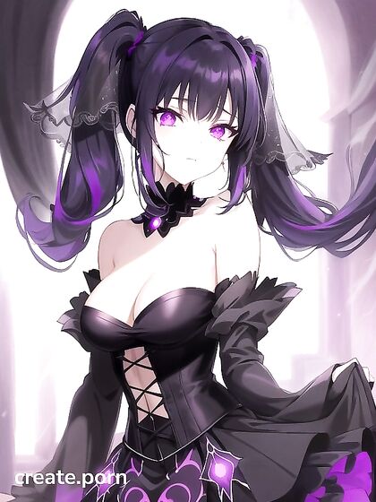 Goth Girl 18+ with Twin-Tails and Glowing Purple Eyes in Transparent Lace Outfit