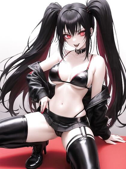 Cute Gothic Girl 18+ with Neon Red Pigtails Teasing in Thigh-High Boots and Tattered Clothes
