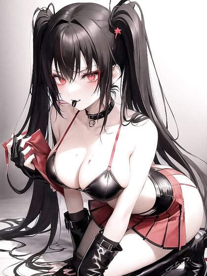 Cute Gothic Girl 18+ with Neon Red and Black Pigtails Licks Fingers in Thigh-High Boots