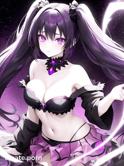 Goth Girl 18+ with Twin-Tails and Crystal Horns in Sheer Bandeau Amidst Galaxy Background