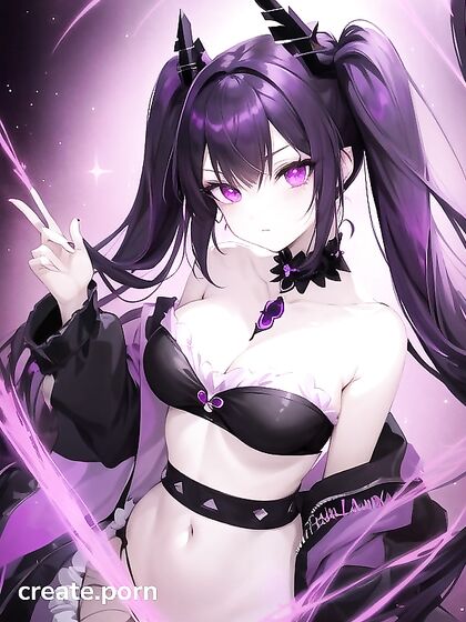 Goth Girl 18+ with Twin-Tails and Crystal Horns in Sheer bandeau Amidst Galaxy Background