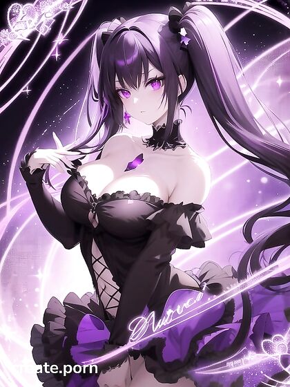 Goth Girl 18+ with Twin-Tails and Crystal Horns Shimmers in Sheer Outfit Against Galactic Backdrop
