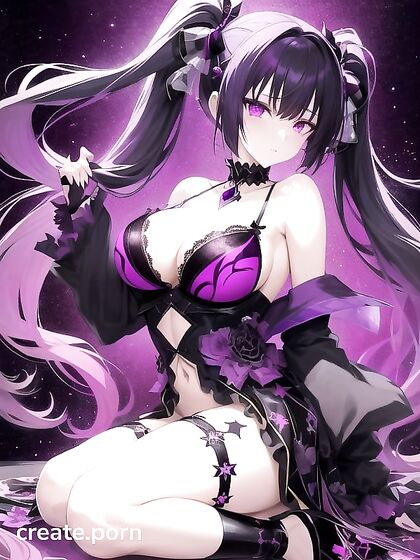 Goth Girl 18+ with Crystal Horns and Twintails Shines in Galactic Black Lace Seduction