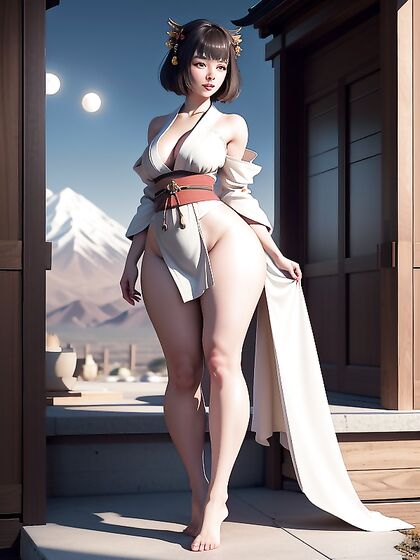 Full Body View of Small Boobs Against a Majestic Mountain and Moonlit Sky in Hentai