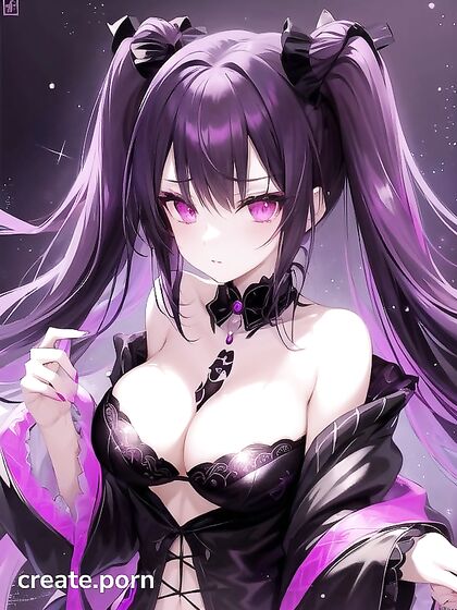 Goth Girl 18+ with Crystal Horns and Twintails in Black Lace Lingerie Shines Against Galactic Backdrop