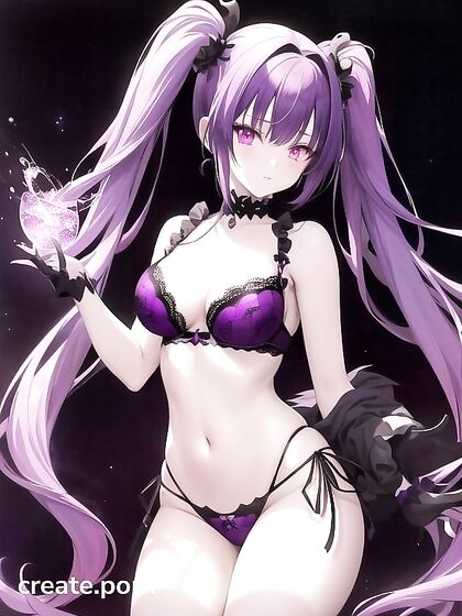 Goth Girl 18+ with Twin-Tails and Crystal Horns Seduces in Lace Lingerie Amidst Galactic Backdrop