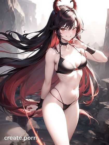 Seductive Devil with Long Black Red Hair in Erotic Hentai AI Image