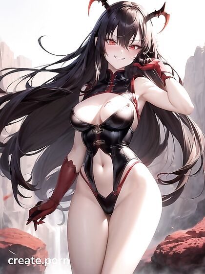 Seductive Devil with Long Black Red Hair in Erotic Hentai AI Image