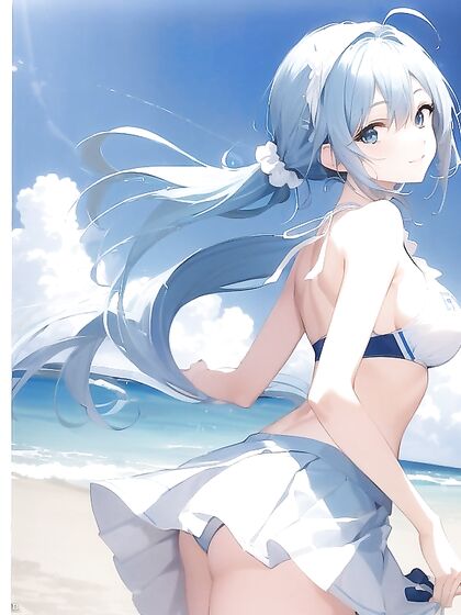 Aquatic Blue-Haired Beauty with Short Ponytail Enjoying Summer Hentai Pleasures