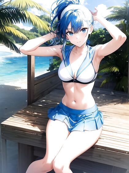 Beach Babe with Aquatic Blue Hair Waves Seductively Amidst Umbrellas in Hentai Bliss