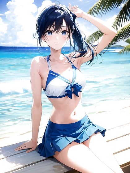 Sailor-Themed Bikini Babe Waves Her Hair in the Summer Sun for Steamy Hentai Pleasure